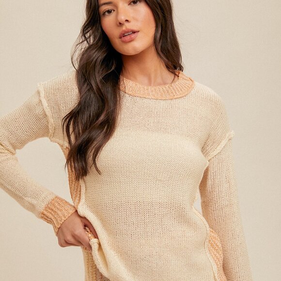 HEM & THREAD Cream Peach Contrast Knit Sweater, Long Sleeve Colorblock Pullover - Picture 5 of 6